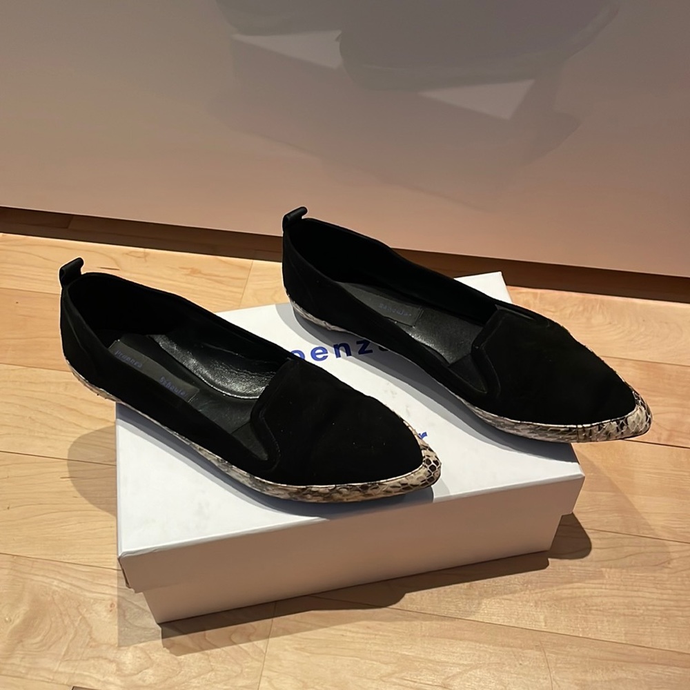 Proenza Schouler black suede flats with python detail